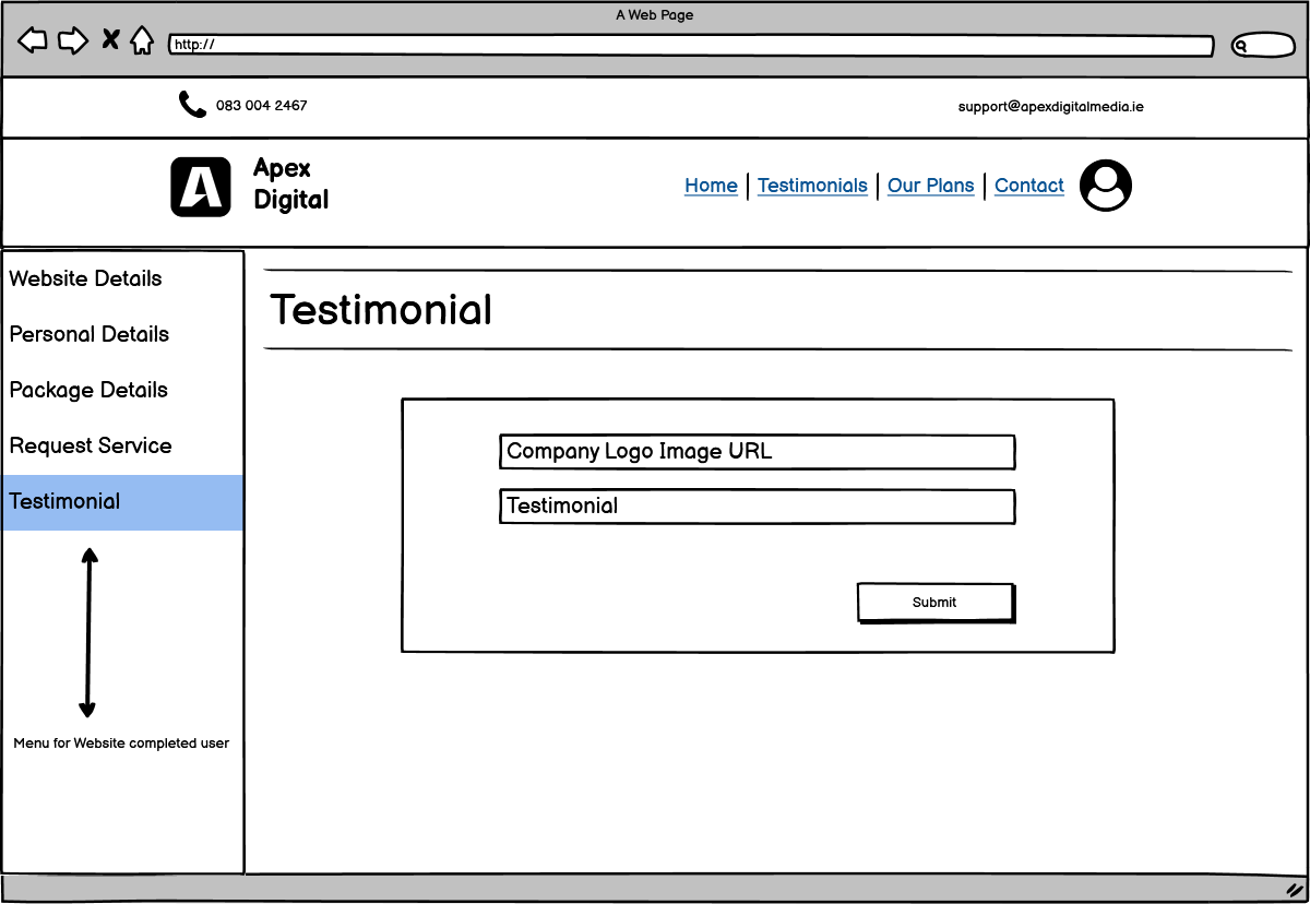 Wireframe of testimonial form page